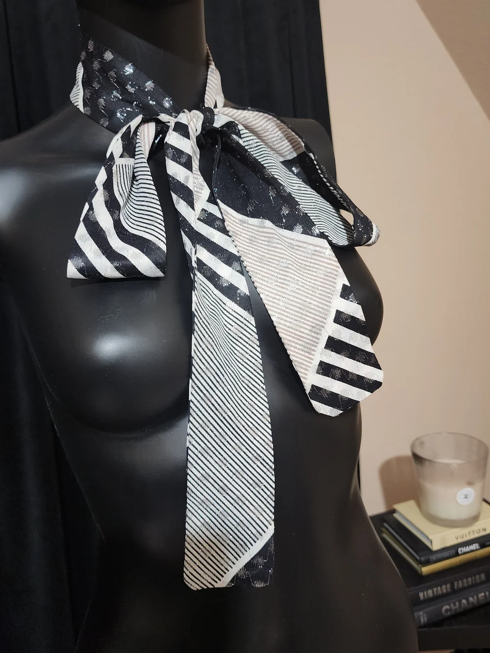 Vintage 80s Bow Neck Scarf Black White Striped Polka Dot Shimmer Oblong